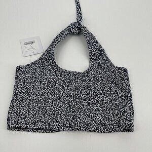 Adika Crop Top Medium Womens Black White Floral Halter Cropped Smocked Boho New